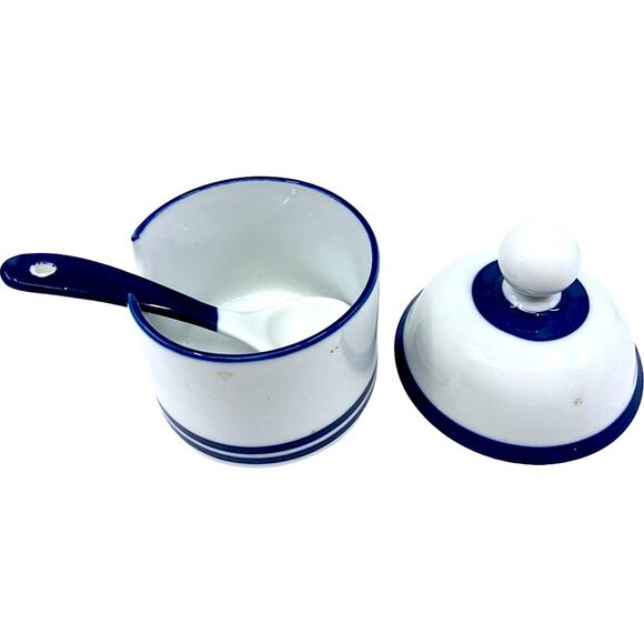 DANSK Blue & White Sugar Bowl w/ Lid & Serving Spoon - Picture 2 of 8